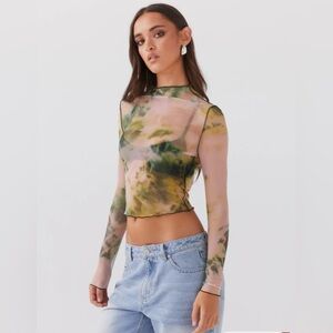 Peppermayo Neon Serenade Mesh Tie-Dye Long Sleeve Crop Top - Green Multicolor. 4